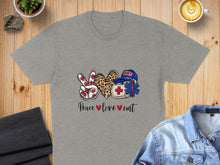 Load image into Gallery viewer, Gray t-shirt with peace sign, heart, and EMT logo.
