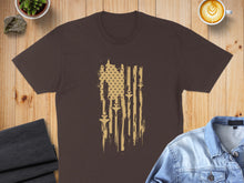Load image into Gallery viewer, Brown t-shirt with a distressed American flag design featuring stylized arrows.
