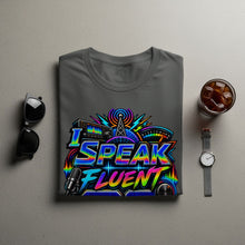 Load image into Gallery viewer, "I SPEAK FLUENT" text with radio equipment and colorful sound waves on a t-shirt.
