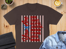 Load image into Gallery viewer, Dark brown t-shirt with red text and a blue bow, "Kind. Smart. Helpful. Grateful. Enough. Strong. Loved. Unique."
