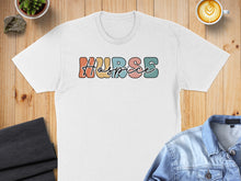 Load image into Gallery viewer, White t-shirt with "Hospice" in colorful retro lettering.

