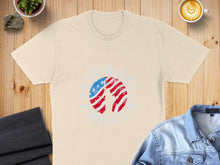 Load image into Gallery viewer, Cream t-shirt with distressed American flag silhouette graphic and text.
