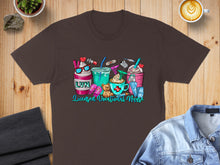 Load image into Gallery viewer, Brown t-shirt with "Licensed Vocational Nurse" text and medical-themed cartoon drinks.
