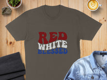 Load image into Gallery viewer, Brown t-shirt with "RED WHITE BLESSED" in patriotic colors.

