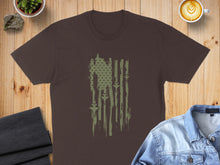 Load image into Gallery viewer, Brown t-shirt with distressed olive green flag and rifle graphic.

