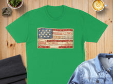 Load image into Gallery viewer, Green t-shirt with a rustic, patchwork American flag graphic.

