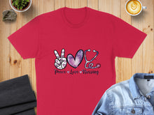 Load image into Gallery viewer, Red t-shirt with Peace Love Nursing design featuring stethoscope and heart graphic.
