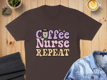 Load image into Gallery viewer, Brown t-shirt with "Coffee Nurse Repeat" text and coffee cup graphic.
