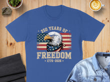 Load image into Gallery viewer, Eagle with American flag bandana and "250 Years of Freedom" text.
