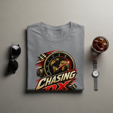 Load image into Gallery viewer, Grey t-shirt with "Chasing DX" and radio dial graphic.
