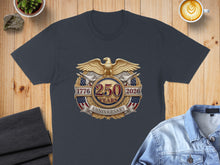 Load image into Gallery viewer, Dark blue t-shirt featuring an eagle crest celebrating the 250th anniversary in 1776-2026.

