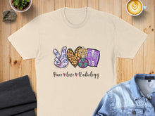 Load image into Gallery viewer, Peace Love Radiology graphic tee with leopard print, heart, and X-ray icon.
