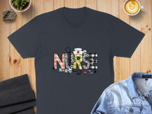 Load image into Gallery viewer, Dark gray t-shirt with "NURSE" text featuring plaid, stethoscope, and medical symbols.
