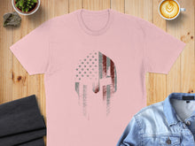 Load image into Gallery viewer, Pink t-shirt with a distressed Spartan helmet graphic in red, white, and blue.

