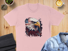 Load image into Gallery viewer, Pink t-shirt with eagle and American flag graphic.
