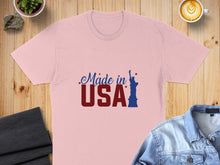 Load image into Gallery viewer, Pink t-shirt with "Made in USA" text and Statue of Liberty graphic.
