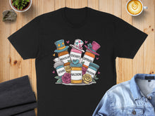 Load image into Gallery viewer, T-shirt graphic with pill bottles labeled Ativan, Diazepam, Fentanyl, and Naloxone.
