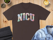 Load image into Gallery viewer, Brown t-shirt with "NICU" spelled out in pastel patchwork letters.
