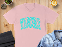 Load image into Gallery viewer, Pink t-shirt with "TEACHER" text in a checkered font.
