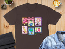 Load image into Gallery viewer, Brown t-shirt featuring a collage of colorful school-themed icons and a pink bow.
