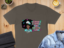 Load image into Gallery viewer, Brown t-shirt with "Scrubs Coffee and Messy Buns" text and butterfly design.
