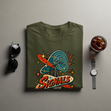 Load image into Gallery viewer, Olive green t-shirt with retro "Signals From" graphic featuring a radio tower and antenna.
