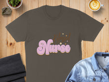 Load image into Gallery viewer, Brown t-shirt with "Blessed Nurse" in a groovy, retro font and small stars.
