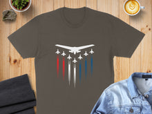 Load image into Gallery viewer, White jet formation above red and blue smoke trails on a grey t-shirt.
