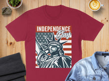 Load image into Gallery viewer, Burgundy t-shirt with Statue of Liberty and American flag graphic for Independence Day.
