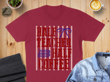 Load image into Gallery viewer, Maroon t-shirt with "Half Teacher Half Coffee" text and blue stripes.
