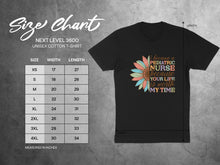 Load image into Gallery viewer, Next Level 3600 unisex t-shirt size chart with "Pediatric Nurse" graphic.
