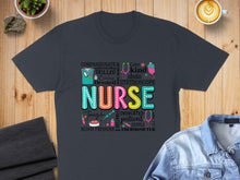 Load image into Gallery viewer, NURSE graphic with words like Compassionate, Skilled, Tough, and Stethoscope.
