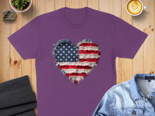 Load image into Gallery viewer, Purple t-shirt with distressed American flag heart graphic.
