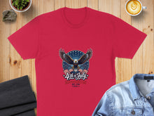 Load image into Gallery viewer, Red t-shirt with an eagle and "4th of July" graphic.
