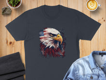 Load image into Gallery viewer, Dark t-shirt with a distressed eagle and American flag graphic.
