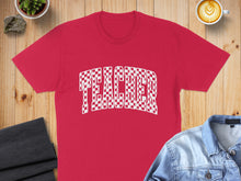 Load image into Gallery viewer, Red t-shirt with "TEACHER" in a checkered font.
