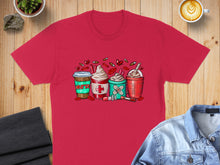 Load image into Gallery viewer, Red t-shirt with four cartoon coffee drinks designed as medical items.
