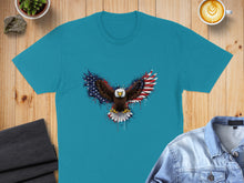 Load image into Gallery viewer, Teal t-shirt with American flag eagle graphic.
