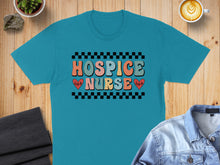 Load image into Gallery viewer, Teal t-shirt with "Hospice Nurse" text and heart monitor graphic.
