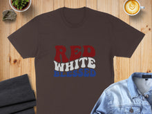 Load image into Gallery viewer, Brown t-shirt with "RED WHITE BLESSED" text in red, white, and blue.
