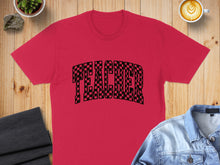 Load image into Gallery viewer, Red t-shirt with black and white checkered "TEACHER" text across the chest.
