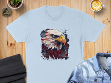Load image into Gallery viewer, Light blue t-shirt with an eagle and American flag graphic.

