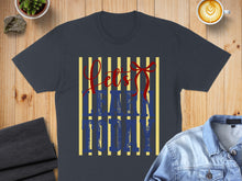 Load image into Gallery viewer, Dark gray t-shirt with red "Let's Eat" and blue distressed text.
