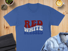 Load image into Gallery viewer, Blue t-shirt with "RED WHITE BLESSED" text in distressed red, white, and blue lettering.
