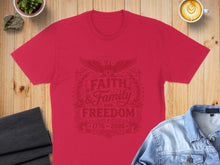 Load image into Gallery viewer, Red t-shirt with "Faith, Family, and Freedom" emblem and dates 1776-2026.
