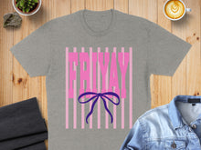 Load image into Gallery viewer, Gray t-shirt with pink stripes and "FRIYAY" text, adorned with a purple bow.
