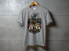 Load image into Gallery viewer, Grey t-shirt with "AMATEUR EXTRA ALL PRIVILEGES EARNED" graphic.
