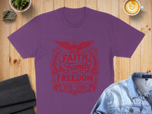 Load image into Gallery viewer, Purple t-shirt with "Faith and Family Freedom 1776-2026" text and eagle graphic.
