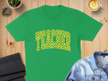 Load image into Gallery viewer, Green t-shirt with "TEACHER" in a checkered yellow and green pattern.

