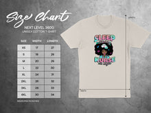 Load image into Gallery viewer, Next Level 3600 t-shirt size chart and graphic of a nurse with "sleep all day nurse all night".
